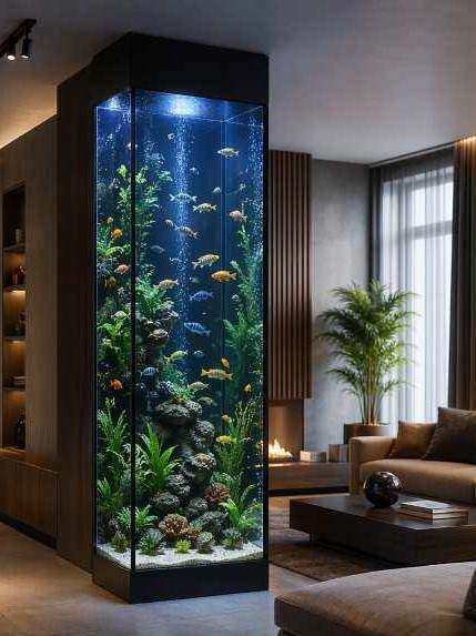 Высокий аквариум в доме