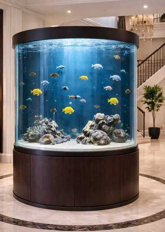 Акриловый цилиндрический аквариум с LED подсветкой, встроенной системой очистки и умным управлением через приложение.Image alt