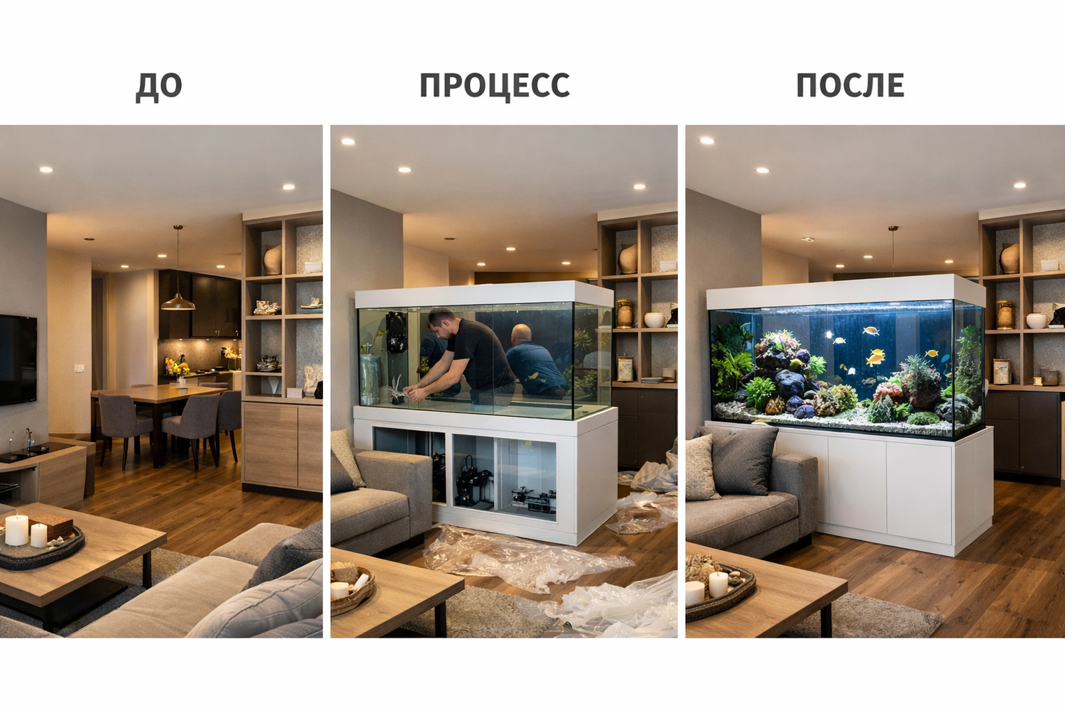 Аквариум-перегородка в гостиной Аквастекло - как мы работаем